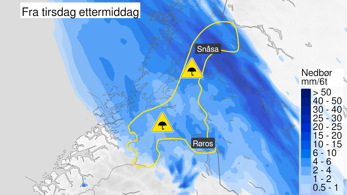 Kart over Mye regn, gult nivå, Indre strøk av Trøndelag, 2022-06-28T14:00:00+00:00, 2022-06-29T02:00:00+00:00