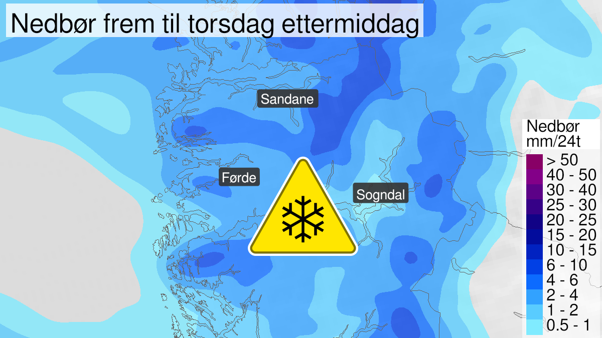 Map of heavy snow, yellow level, Sogn og Fjordane, 13 May 08:00 UTC to 14 May 12:00 UTC.
