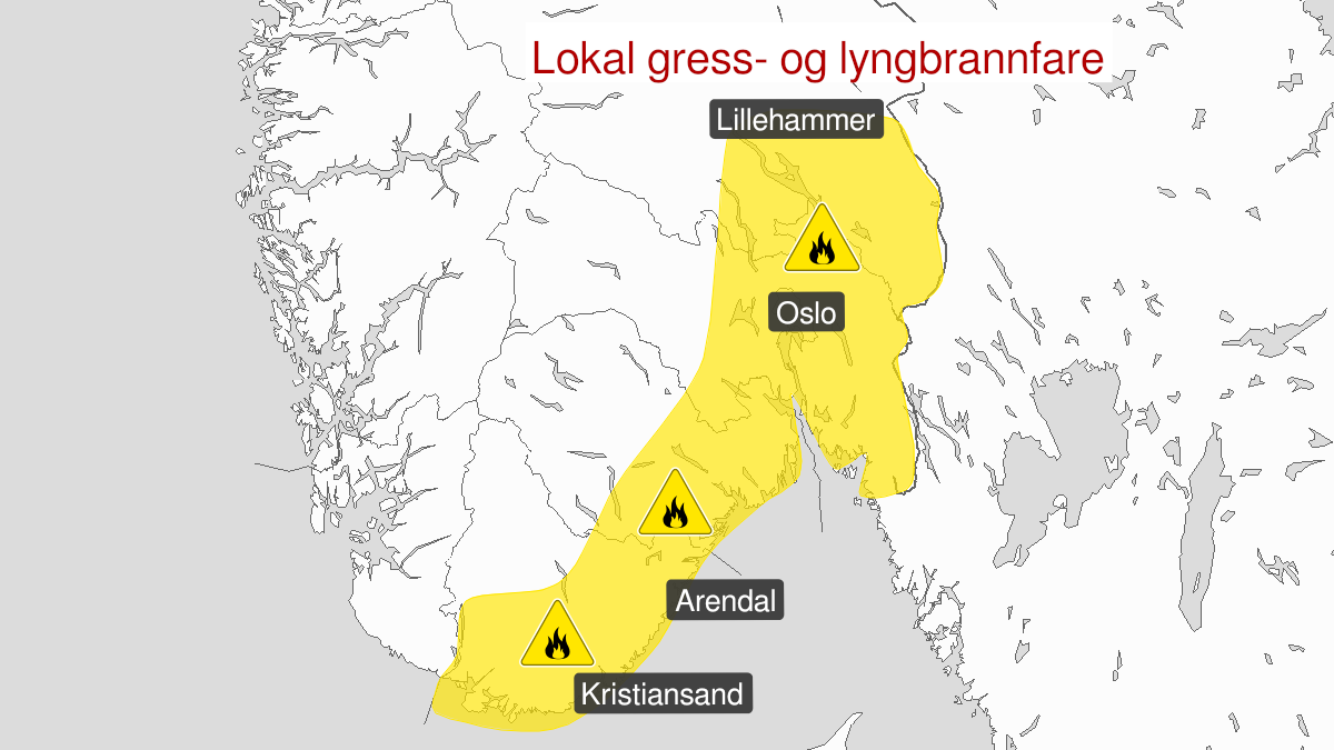 Kart over skogbrannfare, gult nivå, Østafjells, 29 April 10:00 UTC til 03 May 22:00 UTC.