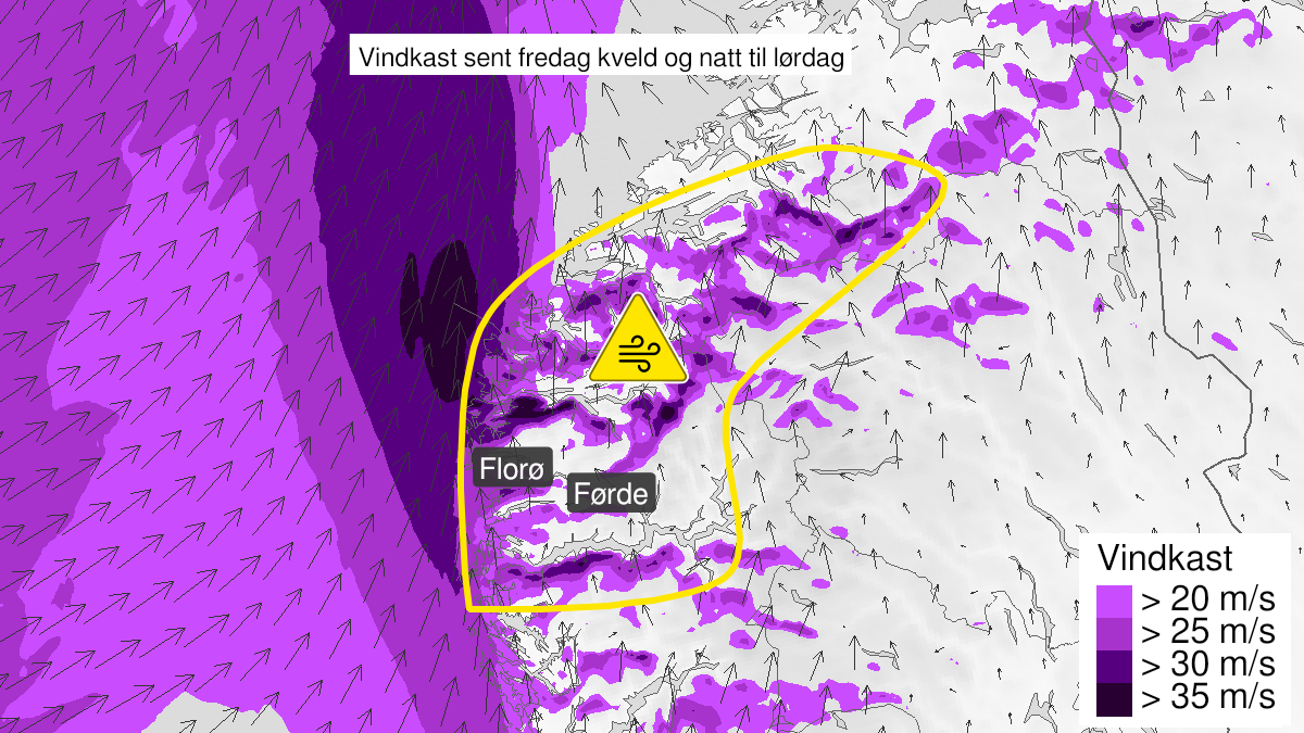 Map of strong wind gusts, yellow level, Sogn, Fjordane og Møre og Romsdal, 20 November 20:00 UTC to 21 November 04:00 UTC.