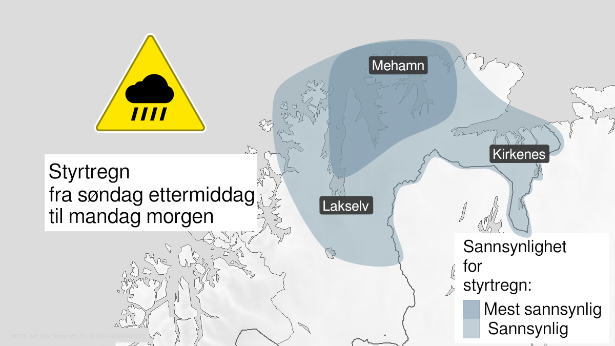 Kart over Styrtregn pågår, gult nivå, store deler av Finnmark, 2024-07-28T10:00:00+00:00, 2024-07-29T05:00:00+00:00