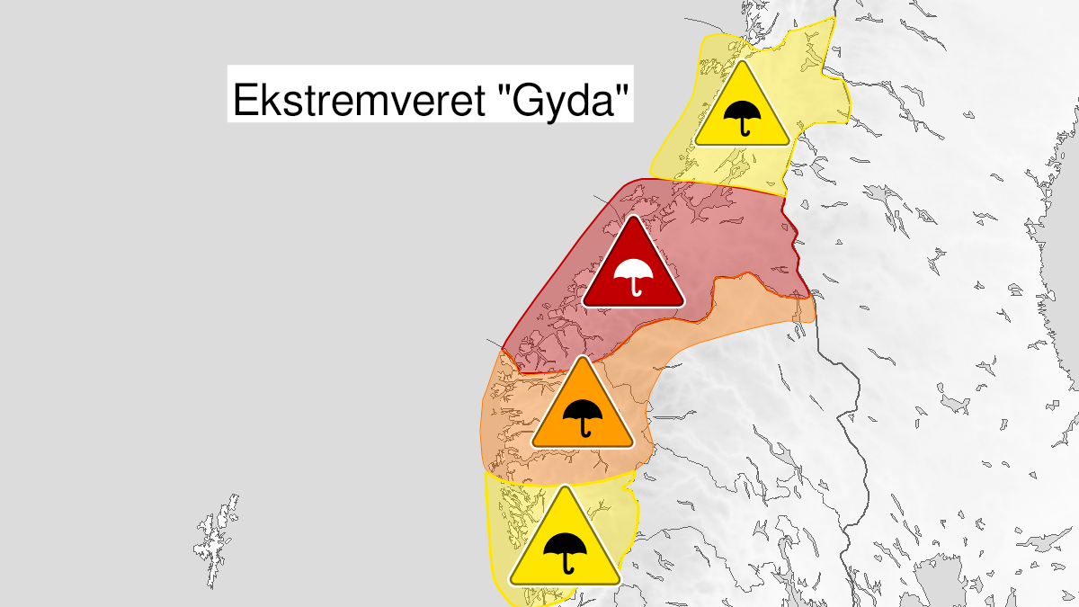 Kart over ekstremværet Gyda: Ekstremt mye regn, rødt nivå, Sør-Trøndelag, 12 January 13:00 UTC til 13 January 19:00 UTC.