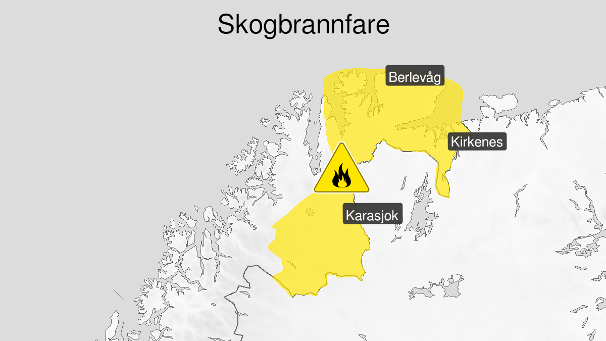 Kart over skogbrannfare ventes, gult nivå, Øst-Finnmark og Finnmarksvidda, 09 July 12:00 UTC til 11 July 22:00 UTC.