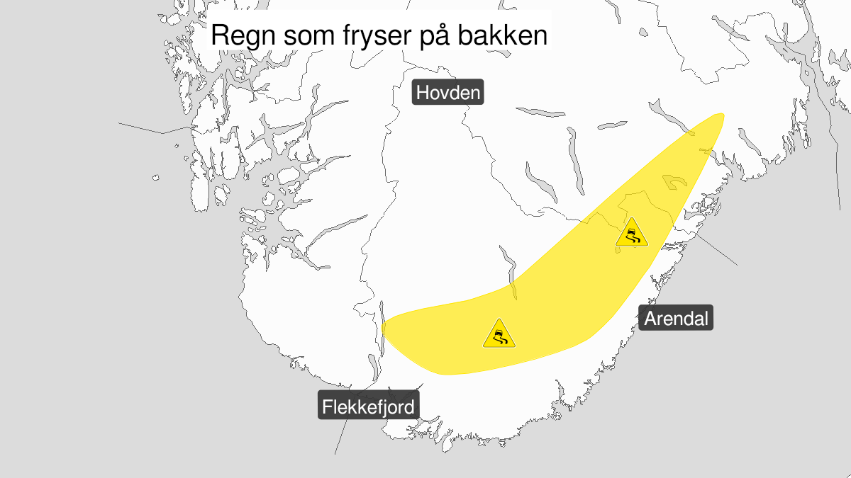 Kart over Is, gult nivå, Deler av Agder og  Telemark, 2023-12-24T09:00:00+00:00, 2023-12-24T16:00:00+00:00