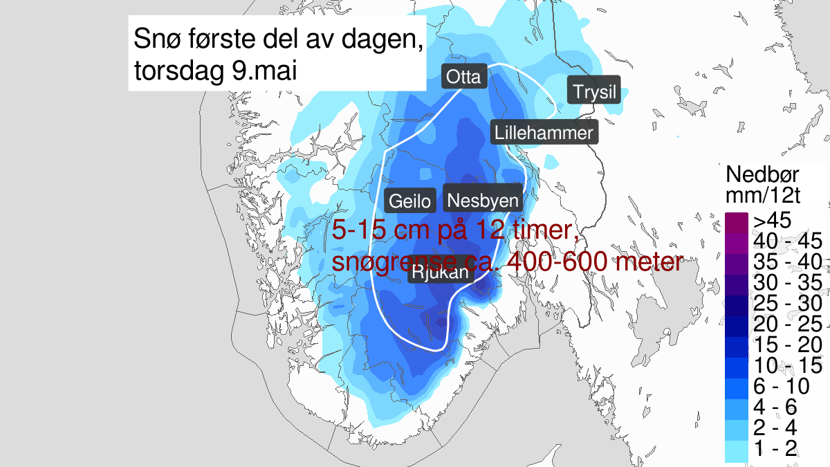 Heavy snow, yellow level, Telemark, Buskerud, Oppland and Hedmark, 09 May 00:00 UTC to 09 May 12:00 UTC.