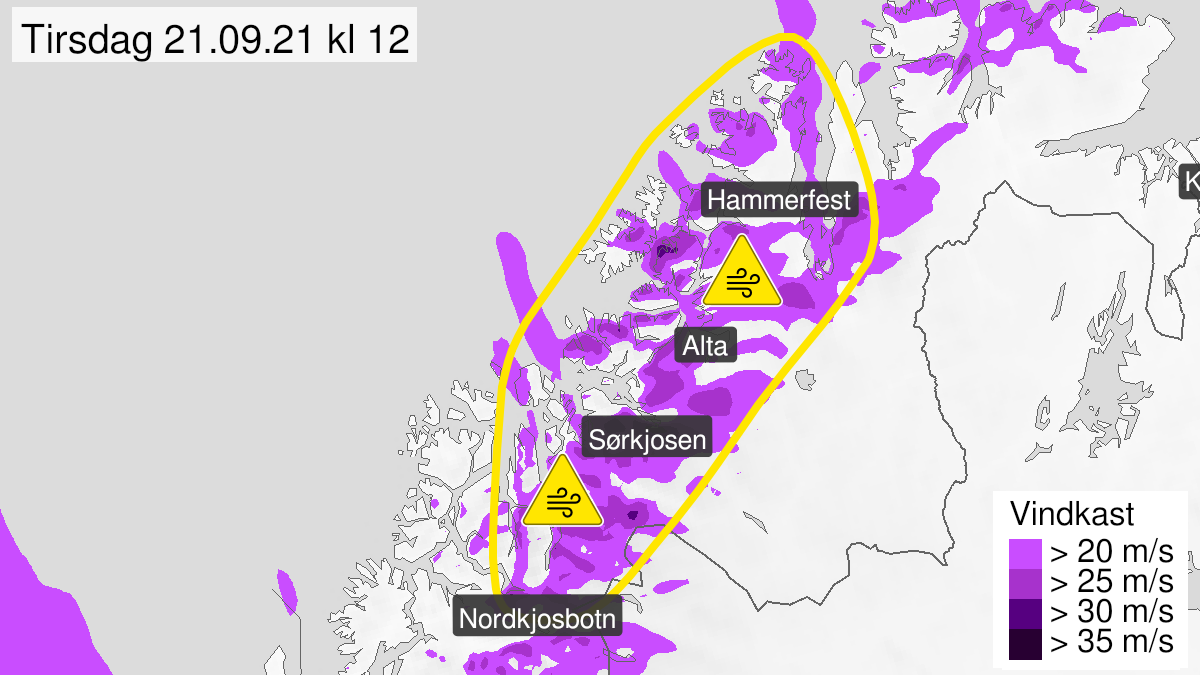 Map of strong wind gusts, yellow level, Nord-Troms and Kyst- and fjordstroekene i Vest-Finnmark, 21 September 06:00 UTC to 21 September 15:00 UTC.