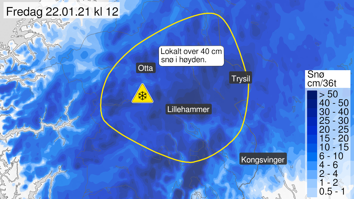 Kart over snø, gult nivå, Innlandet fylke, 21 January 08:00 UTC til 22 January 12:00 UTC.
