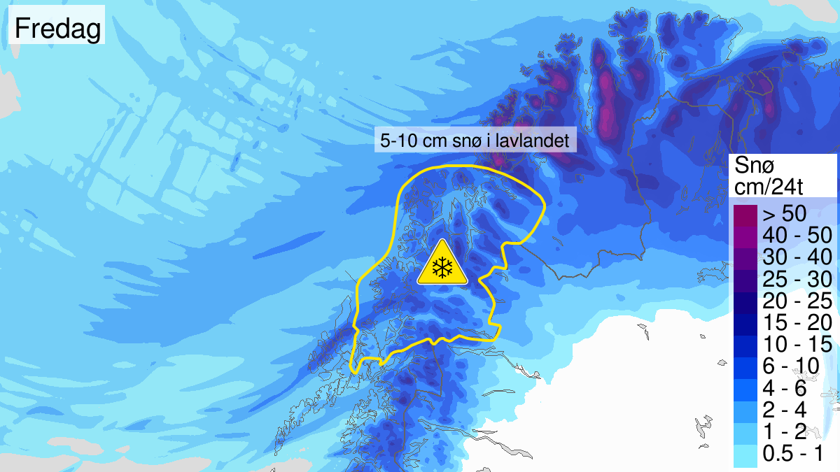 Kart over mye snø, gult nivå, Troms, 15 May 03:00 UTC til 15 May 18:00 UTC.