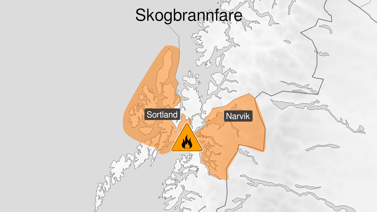 Kart over Stor skogbrannfare, oransje nivå, Vesterålen og Ofoten, 2024-08-06T22:01:00+00:00, 2024-08-15T12:00:00+00:00