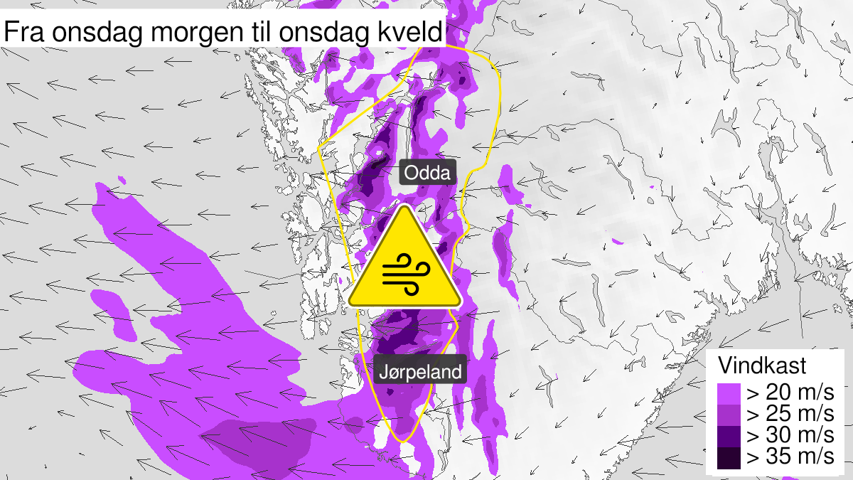 Kart over Kraftige vindkast, gult nivå, Deler av Rogaland og Hordaland, 2023-01-04T05:00:00+00:00, 2023-01-04T16:00:00+00:00