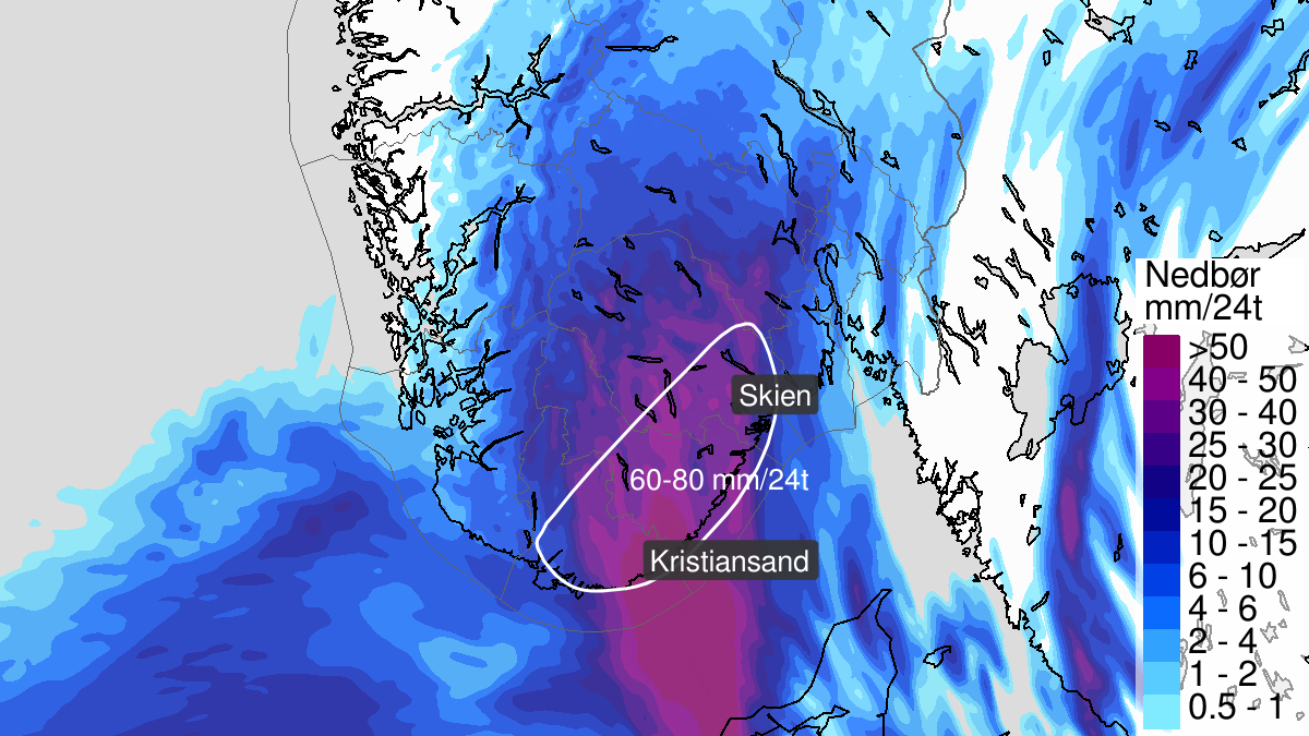 Kraftige regnbyger, gult nivå, Telemark og Agder, 11 June 18:00 UTC til 13 June 00:00 UTC.