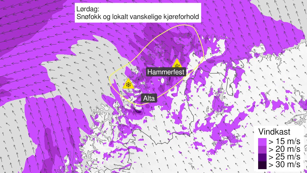 Kart over kraftig snøfokk, gult nivå, Kyst- og fjordstrøkene i Vest-Finnmark, 21 November 12:00 UTC til 21 November 21:00 UTC.