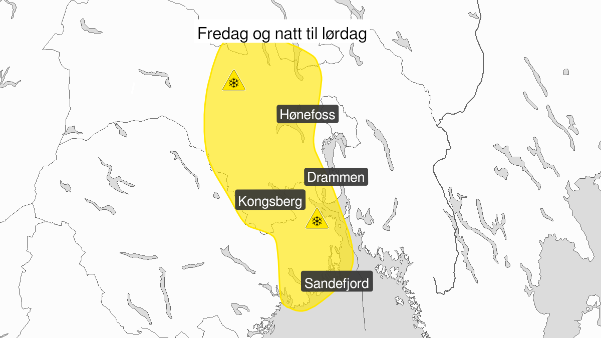 Kart over snø, gult nivå, Buskerud og Vestfold, 09 December 12:00 UTC til 11 December 06:00 UTC.
