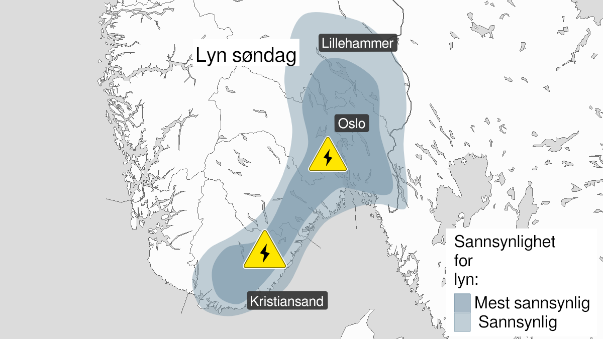 Kart over Nedgradert varsel for mye lyn, Deler av Østafjellske