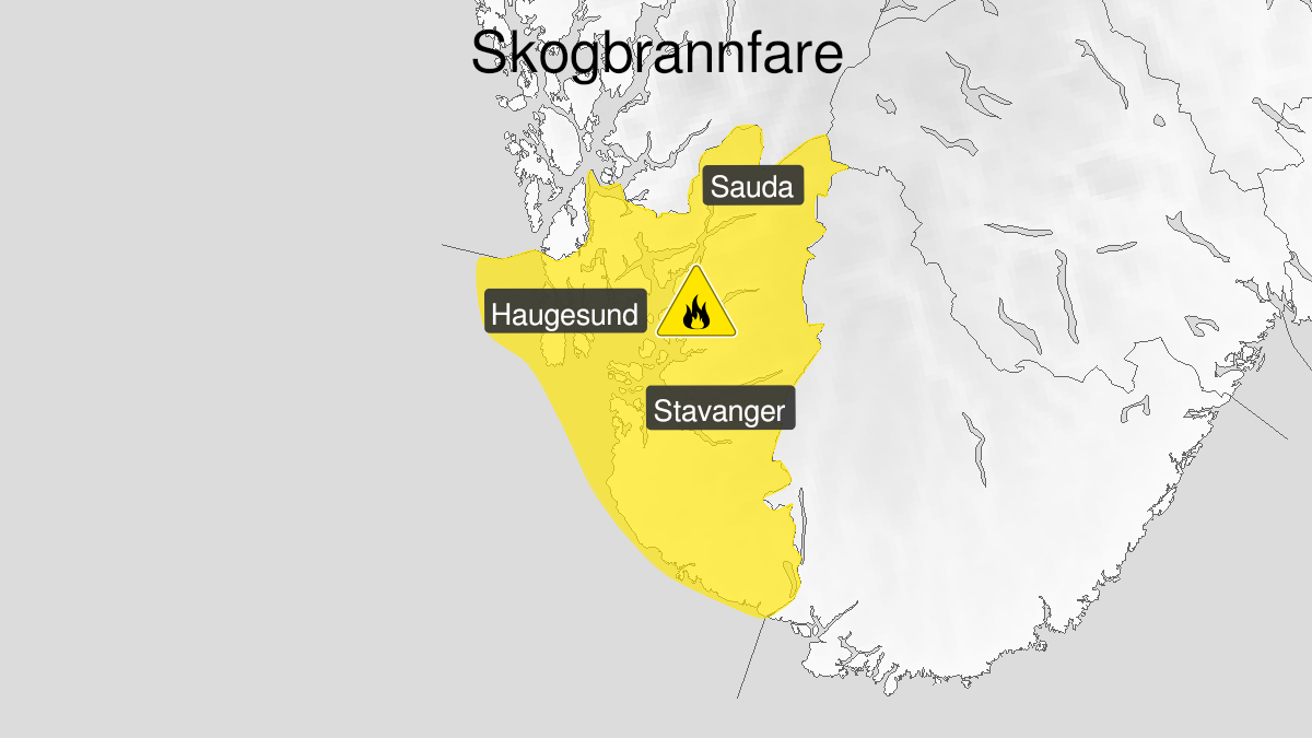 Kart over Skogbrannfare, gult nivå, Rogaland, 2024-05-12T06:00:00+00:00, 2024-05-26T12:00:00+00:00
