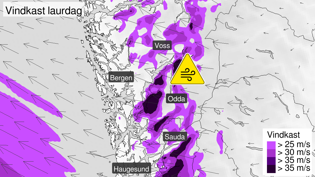Kraftige vindkast, gult nivå, Hordaland, 29 February 06:00 UTC til 01 March 09:00 UTC.