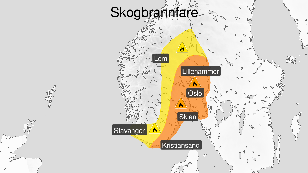 Kart over Skogbrannfare, gult nivå, Deler av Østlandet og  Agder og sørlige del av Rogaland, 2023-05-30T08:00:00+00:00, 2023-06-08T20:00:00+00:00