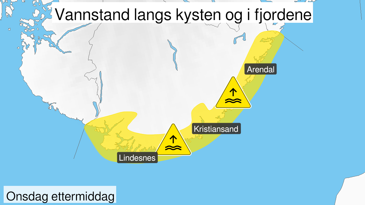 Kart over Nedgradert varsel for vannstand langs kysten og i fjordene, Kysten av Agder