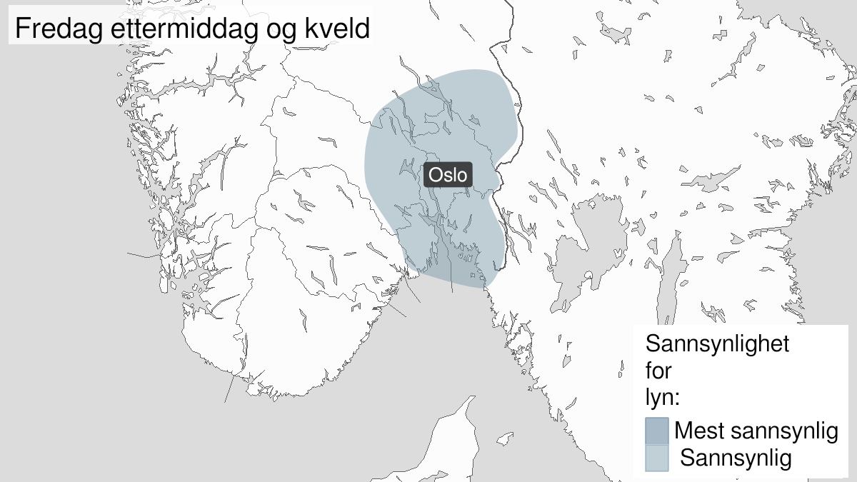 Map over Downgraded alert warning for lightning, Southern parts of Østlandet