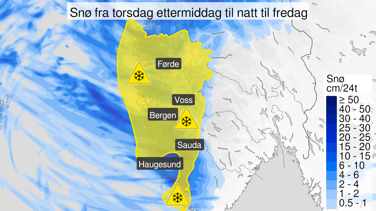 Kart over Snø, gult nivå, Vestland og store deler av Rogaland, 2023-03-16T12:00:00+00:00, 2023-03-17T05:00:00+00:00
