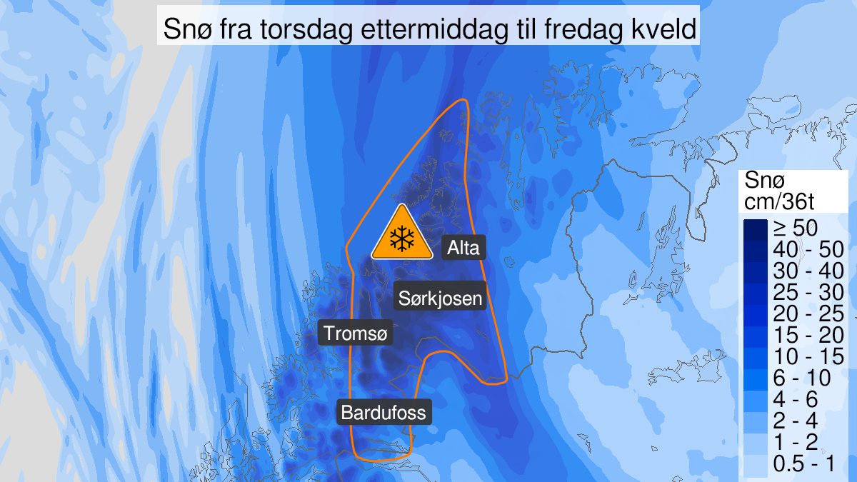 Kart over Svært mye snø, oransje nivå, Deler av Troms og Vest-Finnmark, 2023-03-30T12:00:00+00:00, 2023-03-31T18:00:00+00:00