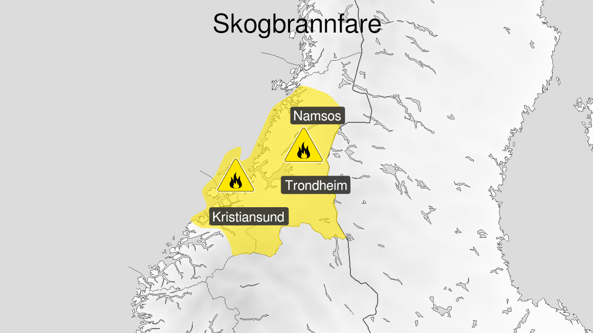 Map over Forest fire danger, yellow level, Parts of Møre and Romsdal and Trøndelag, 2024-05-22T07:05:00+00:00, 2024-05-25T12:00:00+00:00