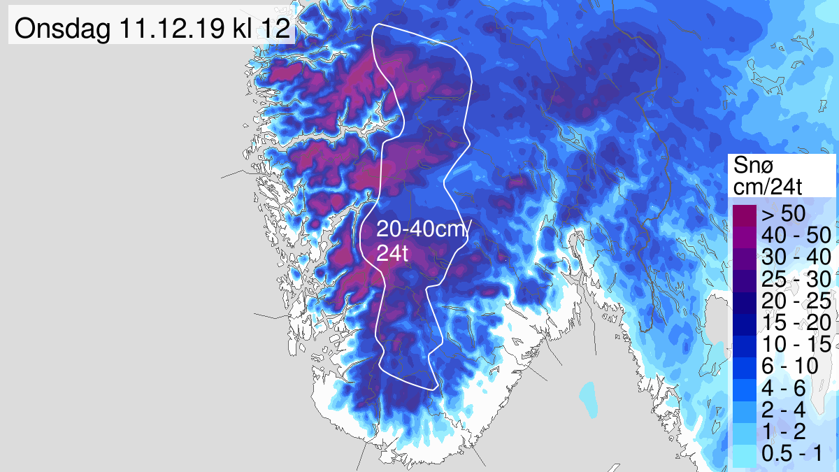 Heavy snow, yellow level, Fjellet i Soer-Norge, 10 December 15:00 UTC to 11 December 11:00 UTC.