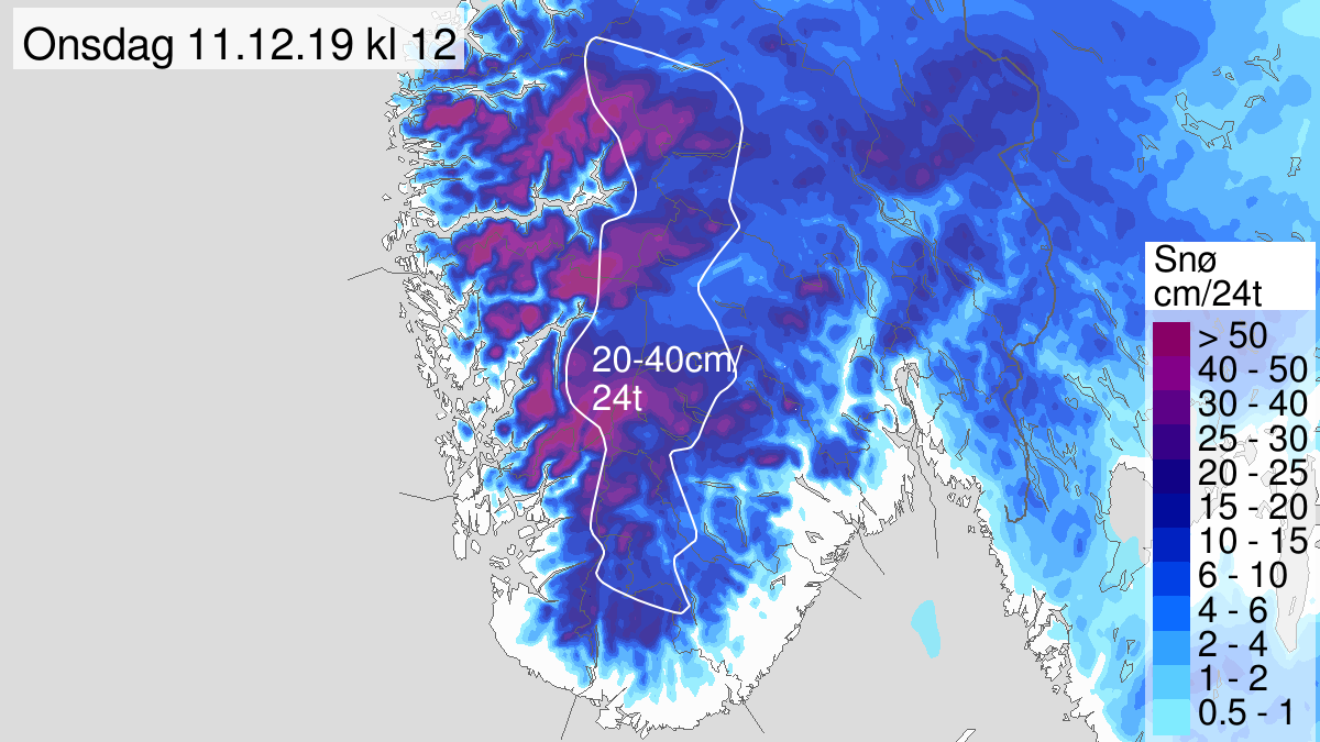 Mye snø, gult nivå, Fjellet i Sør-Norge, 10 December 15:00 UTC til 11 December 11:00 UTC.