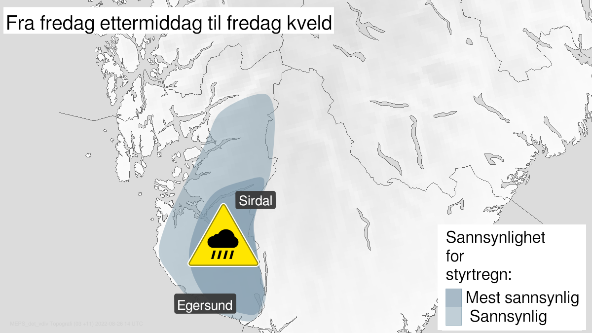 Map over Heavy rainshowers, yellow level, Parts of Rogaland, 2022-08-26T09:00:00+00:00, 2022-08-26T19:00:00+00:00