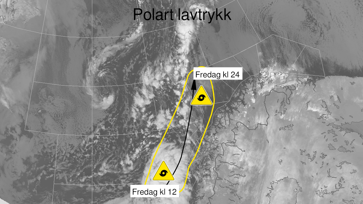 Map over Polar low, yellow level, F3, E3, Røstbanken, Vesterålsbanken, Dype E4, Dype D4, Bankene utenfor Troms, Tromsøflaket, 2023-12-08T11:00:00+00:00, 2023-12-08T23:00:00+00:00