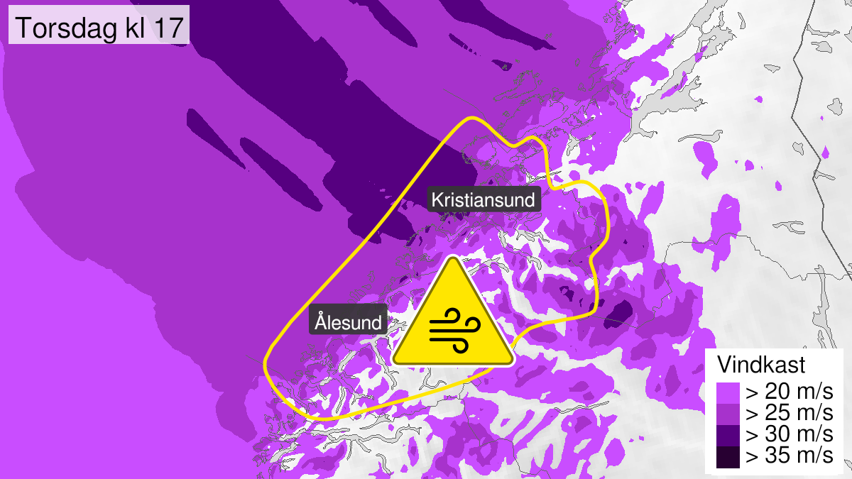 Kart over kraftige vindkast, gult nivå, Møre og Romsdal, 21 October 14:00 UTC til 22 October 04:00 UTC.