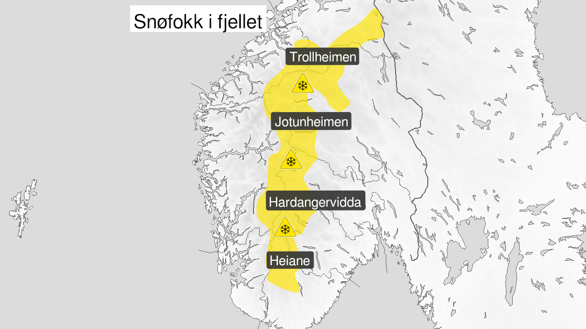 Map of blowing snow, yellow level, Fjellet i Soer-Norge, 14 December 11:00 UTC to 16 December 11:00 UTC.