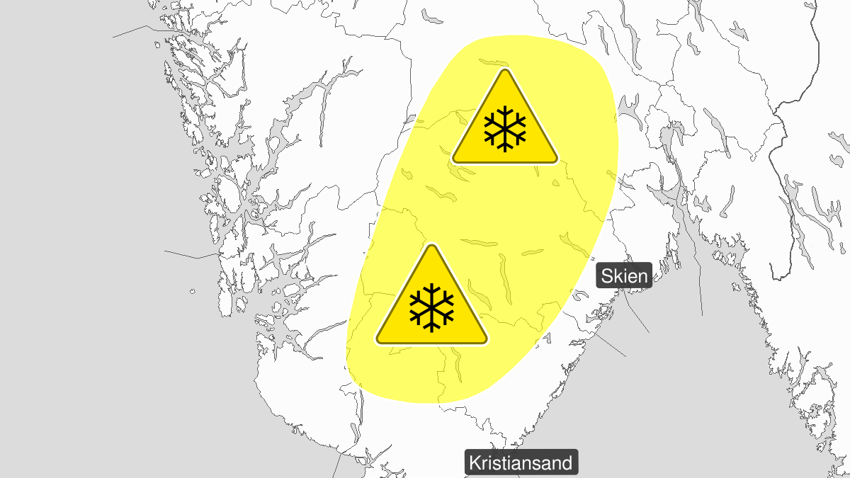 Mye snø, gult nivå, Agder, Telemark og Buskerud, 03 October 06:00 UTC til 04 October 14:00 UTC.
