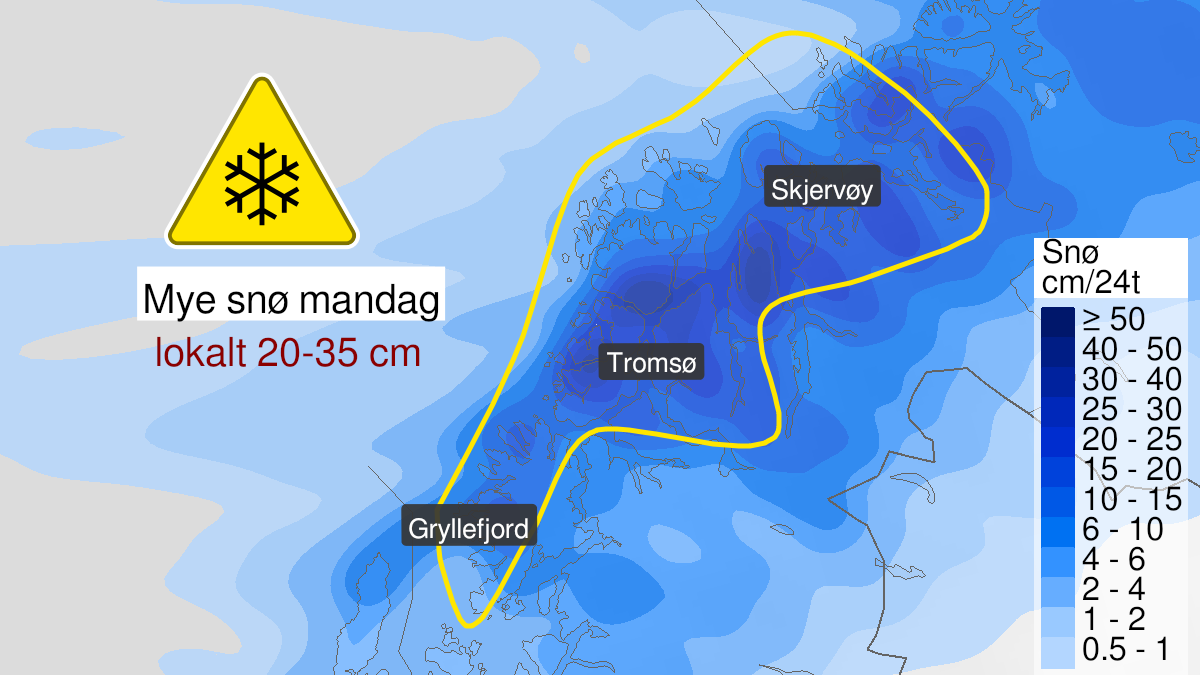 Map over Snow, yellow level, outer parts of Troms, 2024-02-18T23:00:00+00:00, 2024-02-20T03:00:00+00:00