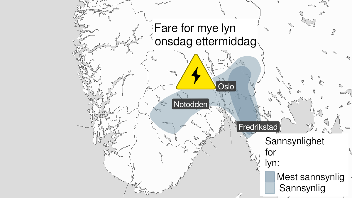 Map over Frequent lightning, yellow level, Parts of Østlandet south of Mjøsa., 2024-06-12T11:00:00+00:00, 2024-06-12T15:00:00+00:00