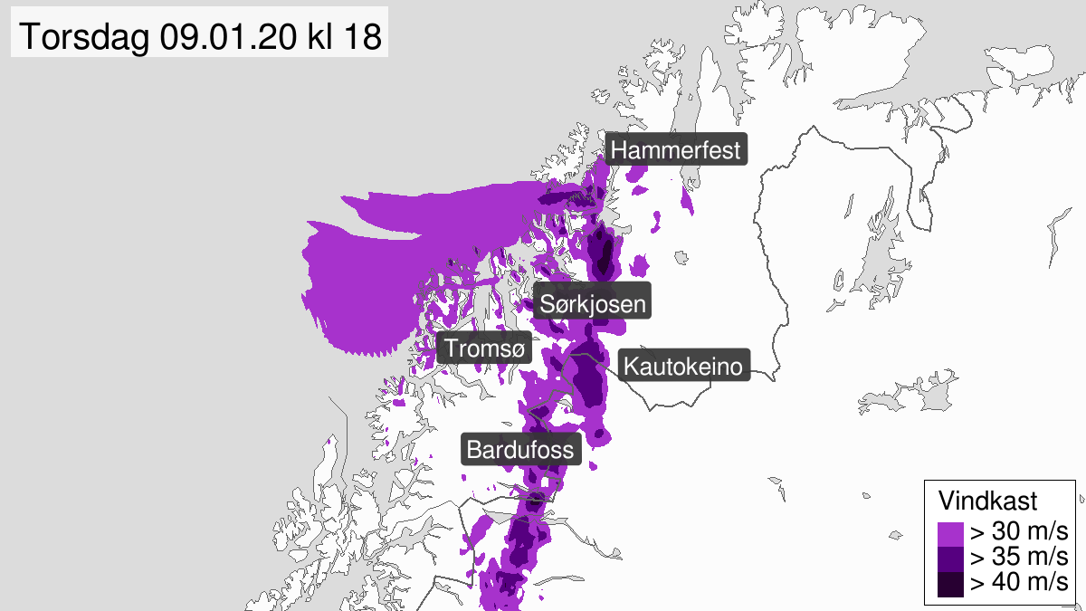 Kraftige vindkast, gult nivå, Finnmarksvidda, 09 January 12:00 UTC til 09 January 23:00 UTC.