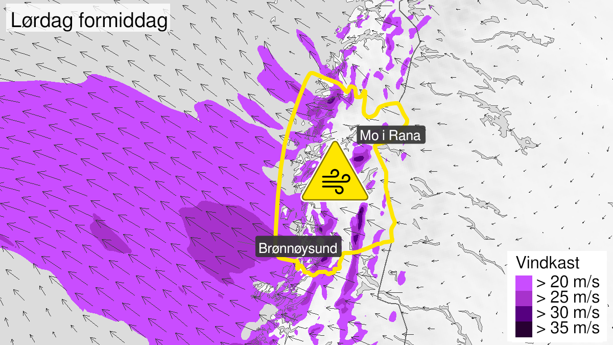 Map of strong wind gusts, yellow level, Helgeland, 04 December 04:00 UTC to 05 December 06:00 UTC.