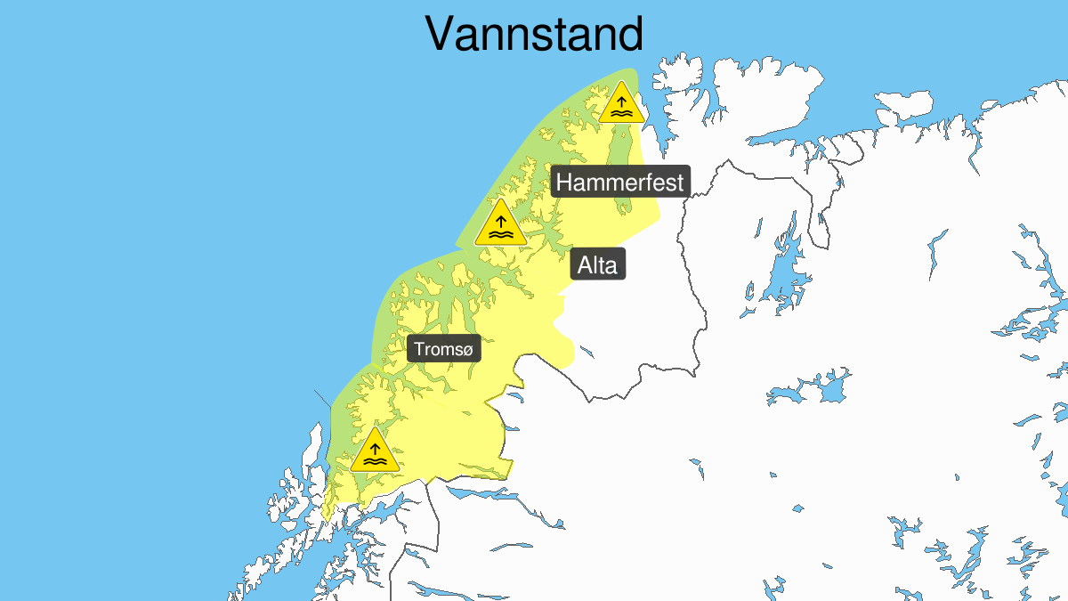 Høy vannstand, gult nivå, Troms og Kyst- og Fjordstrøkene i Vest-Finnmark, 13 January 12:00 UTC til 13 January 17:00 UTC.