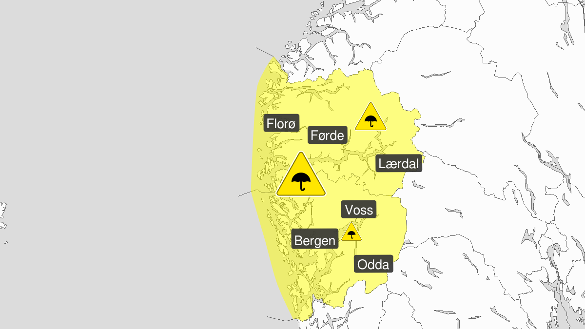 Heavy rain, yellow level, Hordaland and Sogn and Fjordane, 29 December 06:00 UTC to 30 December 06:00 UTC.