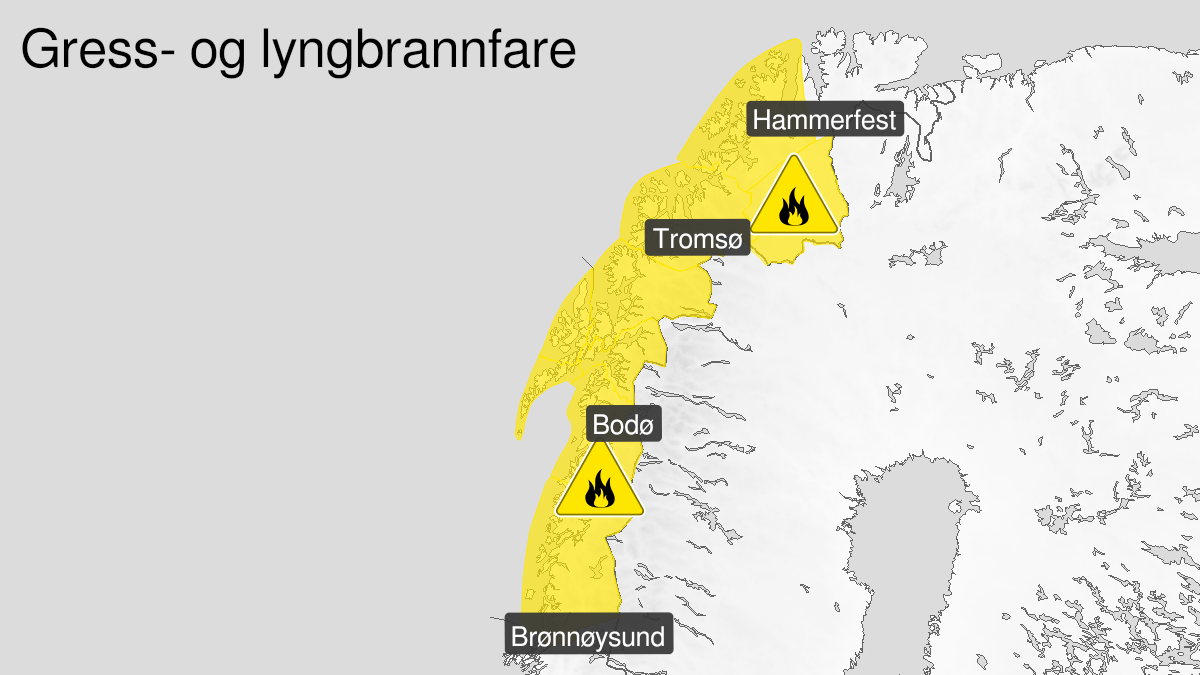 Map of forest fire danger, yellow level, Nordland, Troms and Vest-Finnmark, 07 June 00:00 UTC to 11 June 15:00 UTC.
