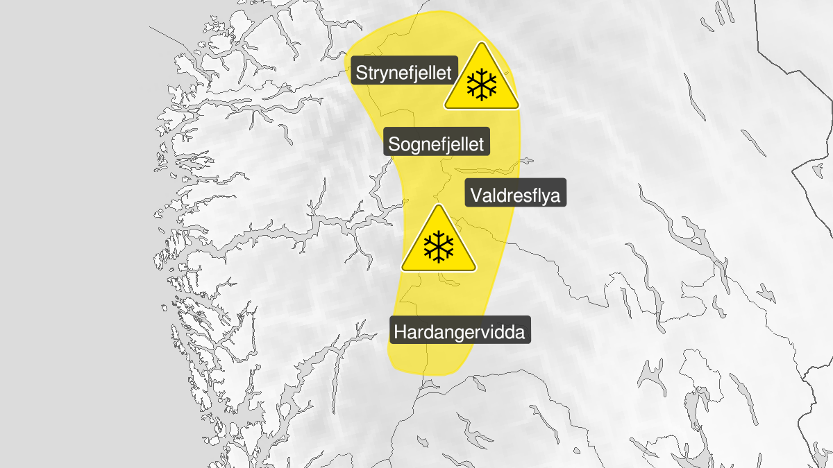 Kart over Snø pågår, gult nivå, Høyfjellsoverganger, 2022-09-25T19:09:00+00:00, 2022-09-28T08:00:00+00:00
