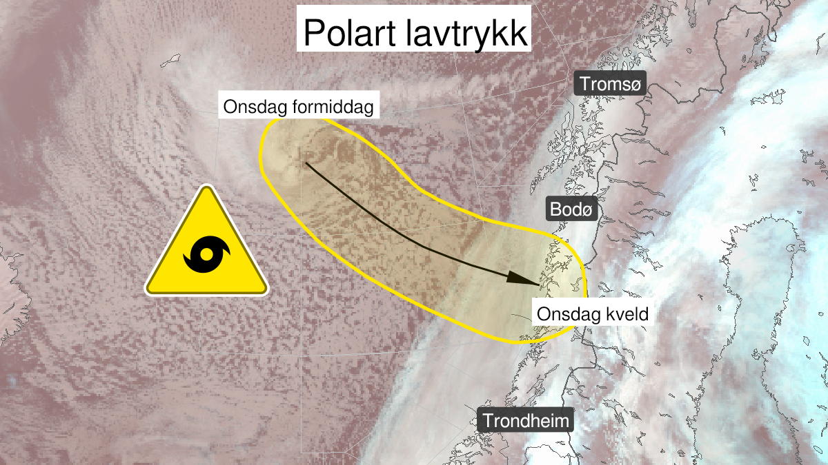 Map of polar low, yellow level, Froeyabank, Haltenbank, Sklinna Bank and Traena Bank and Helgeland, 19 January 17:00 UTC to 19 January 23:00 UTC.