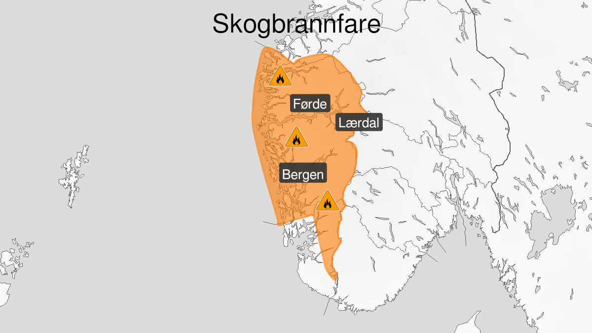 Kart over Stor skogbrannfare, oransje nivå, Vestland fylke og delar av Rogaland, 2024-05-20T07:45:00+00:00, 2024-05-25T18:00:00+00:00