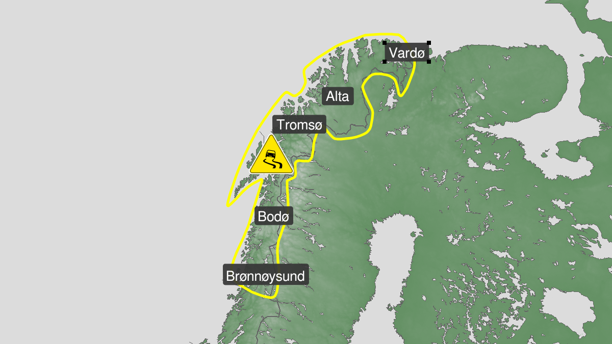 Map of ice, yellow level, Northern Norway, 27 February 00:00 UTC to 27 February 23:00 UTC.
