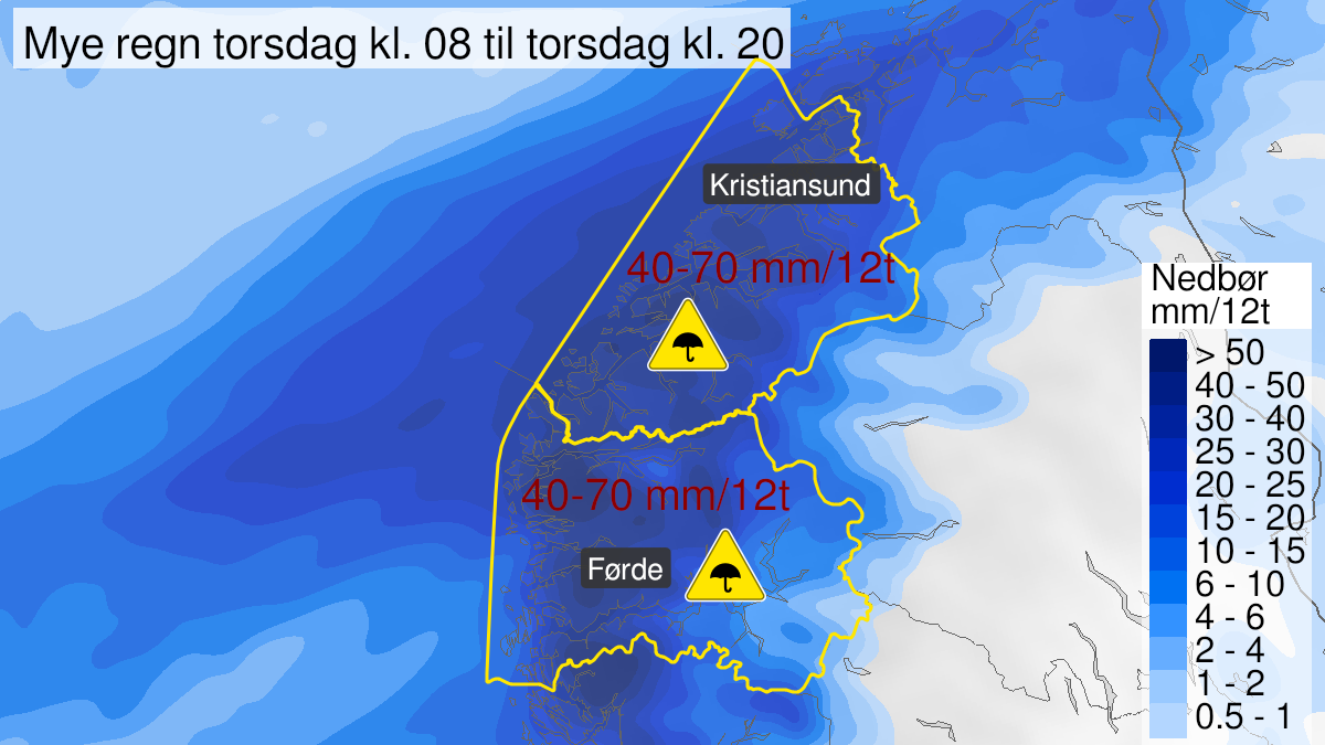 Kart over mye regn, gult nivå, Sogn, Fjordane og Møre og Romsdal, 14 October 06:00 UTC til 14 October 18:00 UTC.