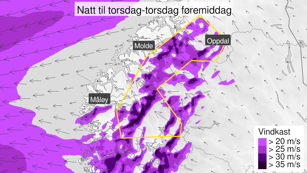 Kart over Kraftige vindkast, gult nivå, Deler av Møre og Romsdal og Vestland, 2023-12-27T21:00:00+00:00, 2023-12-28T12:00:00+00:00