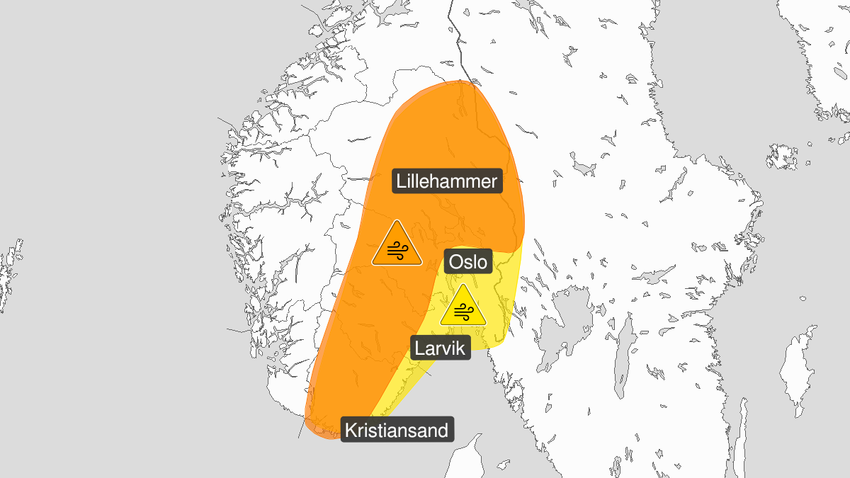 Map of very strong wind gusts, orange level, Agder, Telemark og Buskerud og Akershus, Oppland og Hedmark, 29 January 14:00 UTC to 30 January 11:00 UTC.