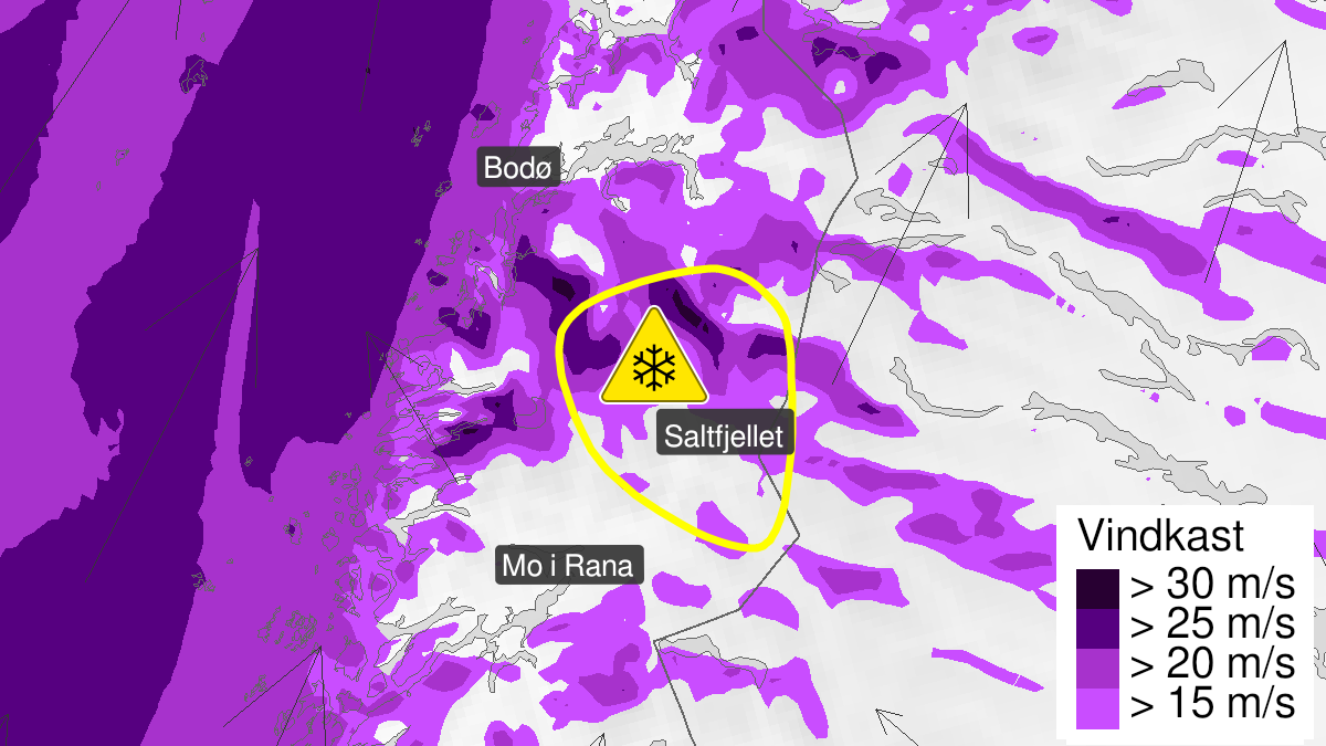 Map of blowing snow, yellow level, Saltfjellet, 26 February 12:00 UTC to 27 February 18:00 UTC.