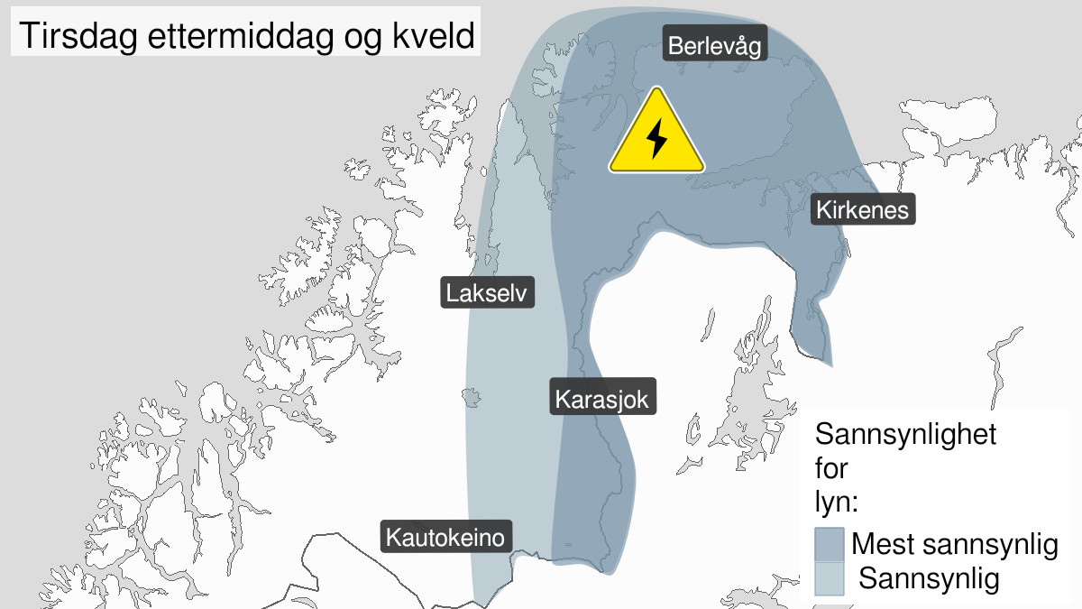 Kart over Mye lyn pågår, gult nivå, Østlige deler av Finnmark samt Finnmarksvidda, 2023-07-18T10:30:00+00:00, 2023-07-18T17:30:00+00:00