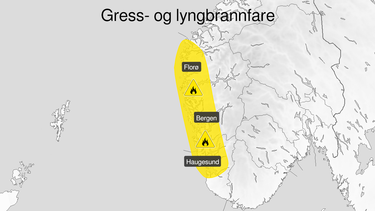 Map over Downgraded alert warning for forest fire danger, Parts of Vestland and Rogaland
